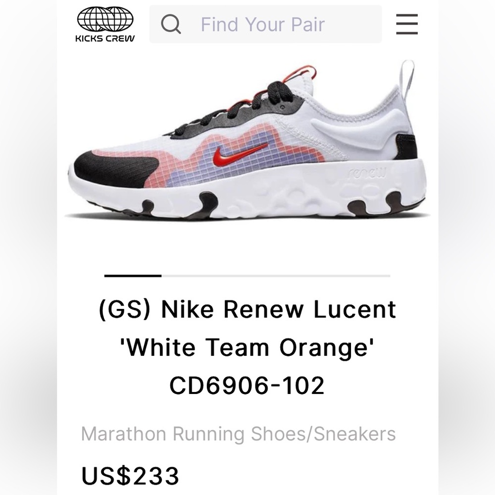 Nike Renew Lucent”White Team Orange”Marathon Running Shoes Sz.4.5Y-Wmn’sSize:6
